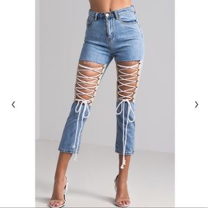 Lace up knees leg ripped denim jeans pants akira